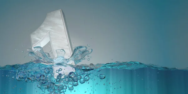 Number 1 in thick letters seen from the front sinking into the water splashing with drops producing bubbles underwater on a blue background. 3D Illustration