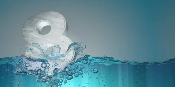 Number 8 in thick letters seen from the front sinking into the water splashing with drops producing bubbles underwater on a blue background. 3D Illustration