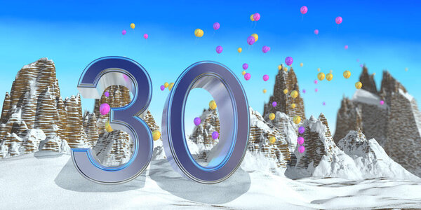 Number 30 in thick blue font on a snowy mountain with rock mountains landscape with snow and red, yellow and purple balloons flying in the background. 3D Illustration