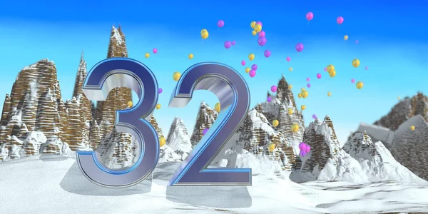 32号 雪山雪山上的深蓝色字体 岩石山景 紫气球在背景中飘扬 3D说明 — 图库照片