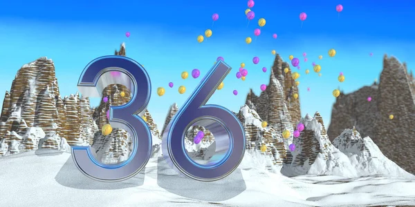 36号 在雪山上的蓝色字体 岩石山景 黄色和紫色气球在背景中飘扬 3D说明 — 图库照片