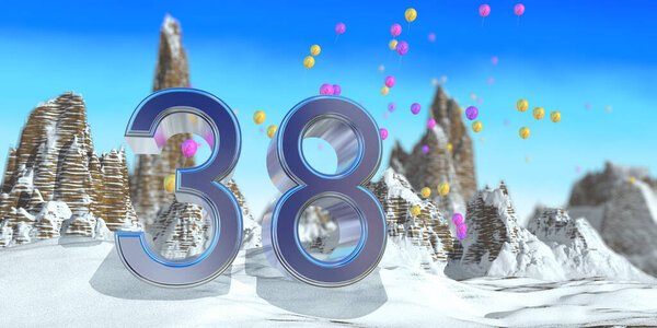 Number 38 in thick blue font on a snowy mountain with rock mountains landscape with snow and red, yellow and purple balloons flying in the background. 3D Illustration