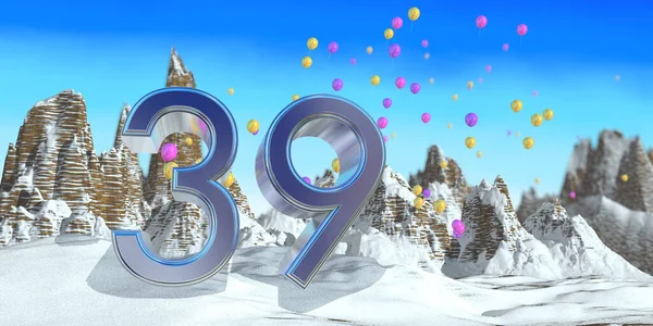 在雪山上 39号为深蓝色字体 岩石山景 紫气球在背景中飘扬 3D说明 — 图库照片