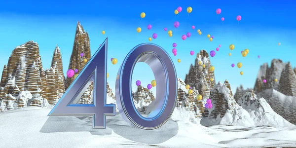 在雪山上 40号为深蓝色字体 岩石山景 紫气球在背景中飘扬 3D说明 — 图库照片