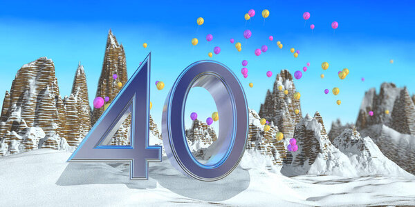 Number 40 in thick blue font on a snowy mountain with rock mountains landscape with snow and red, yellow and purple balloons flying in the background. 3D Illustration