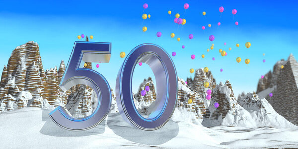 Number 50 in thick blue font on a snowy mountain with rock mountains landscape with snow and red, yellow and purple balloons flying in the background. 3D Illustration