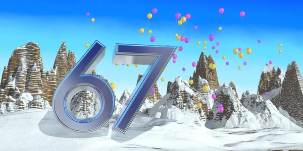 Nummer Dik Blauw Lettertype Een Besneeuwde Berg Met Rotsachtige Bergen — Stockfoto