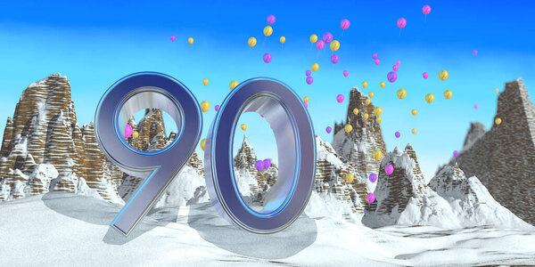Number 90 in thick blue font on a snowy mountain with rock mountains landscape with snow and red, yellow and purple balloons flying in the background. 3D Illustration