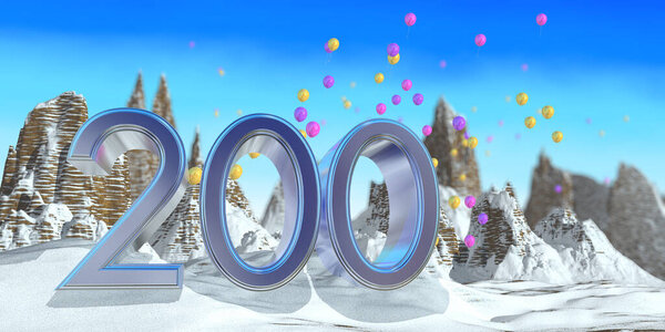 Number 200 in thick blue font on a snowy mountain with rock mountains landscape with snow and red, yellow and purple balloons flying in the background. 3D Illustration