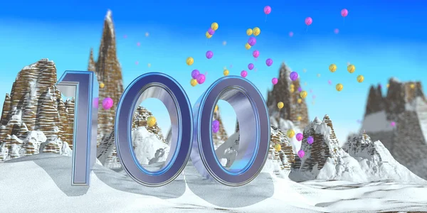 背景に雪と赤 黄色と紫の風船が飛んで岩の山の風景と雪の山の上に厚い青のフォントでナンバー100 3Dイラスト — ストック写真