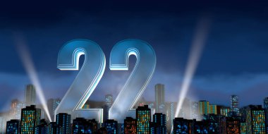 Number 22 in thick blue font lit from below with white light reflectors floating in the middle of a city center with tall buildings with blue lights on at night with cloudy sky. 3D Illustration clipart