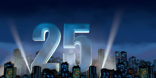 25号 蓝色字体浓密 下方闪烁着白光反射镜 漂浮在市中心 高楼高耸 夜间蓝光闪烁 天空多云 3D说明 — 图库照片