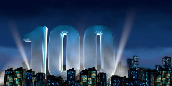 Numero 100 Denso Font Blu Illuminato Dal Basso Con Riflettori — Foto Stock