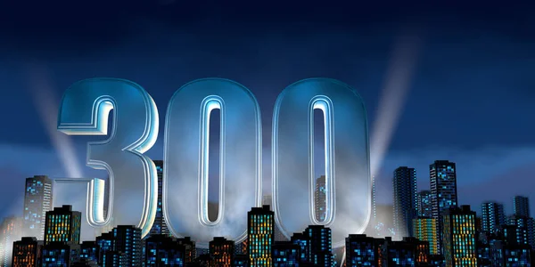 Number 300 Thick Blue Font Lit White Light Reflectors Floating — Stock Photo, Image