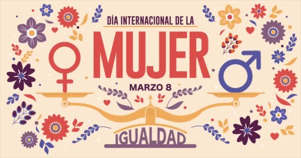 Dia International Mujer 国际妇女日的贺卡 西班牙文 文字的红色和鳞片与平等字和男性 女性图标的黄色背景 2D动画 — 图库视频影像