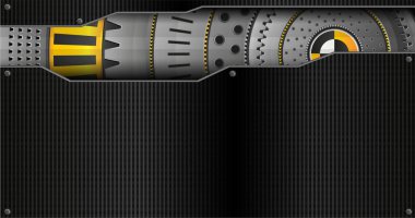 Metal plakaların arka planında fındıklar eşmerkezli diskler, metal mekanik parçalar, gri ve sarı renkte. Vektör resmi