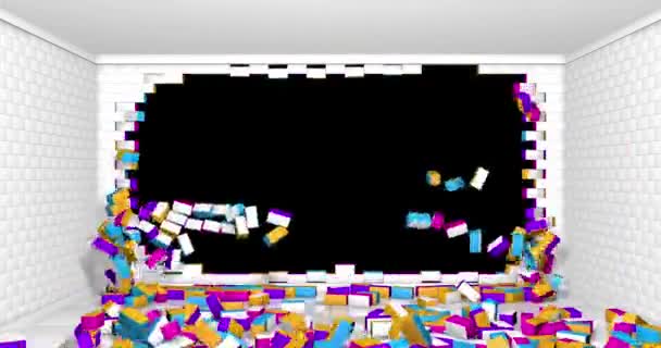 墙爆炸了 用白色的砖墙把彩色的砖撒在房间的地板上 摄像机接近孔直到屏幕是空的 过渡效果 包括阿尔法通道 3D动画 — 图库视频影像
