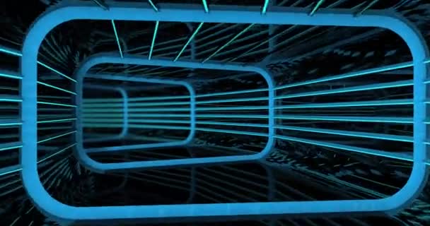 Camara Passa Por Túnel Retangular Reflexivo Com Estrutura Luzes Azuis — Vídeo de Stock