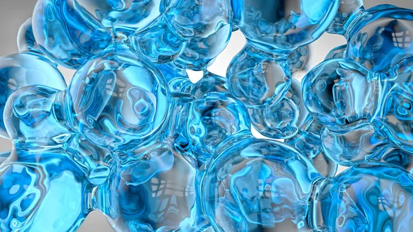 Liquid background of transparent and reflective blue spheres merging with each other like bubbles or glass.3D Illustration