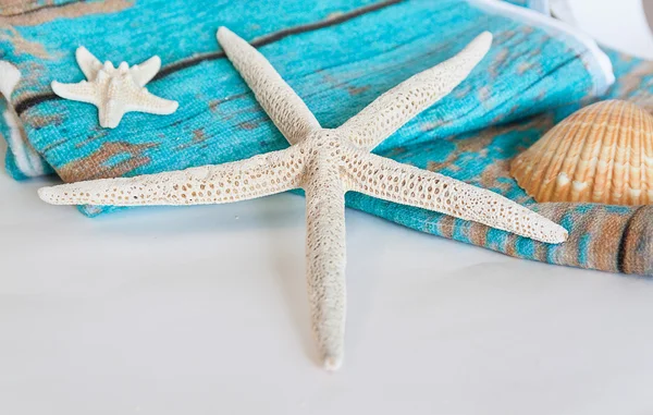 Toalla azul estrella de mar y concha sobre fondo blanco — Foto de Stock