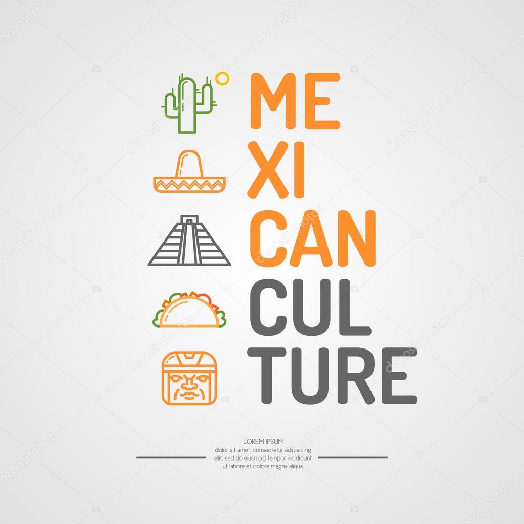 Poster with traditional elements of Mexican culture. Vector illustration.