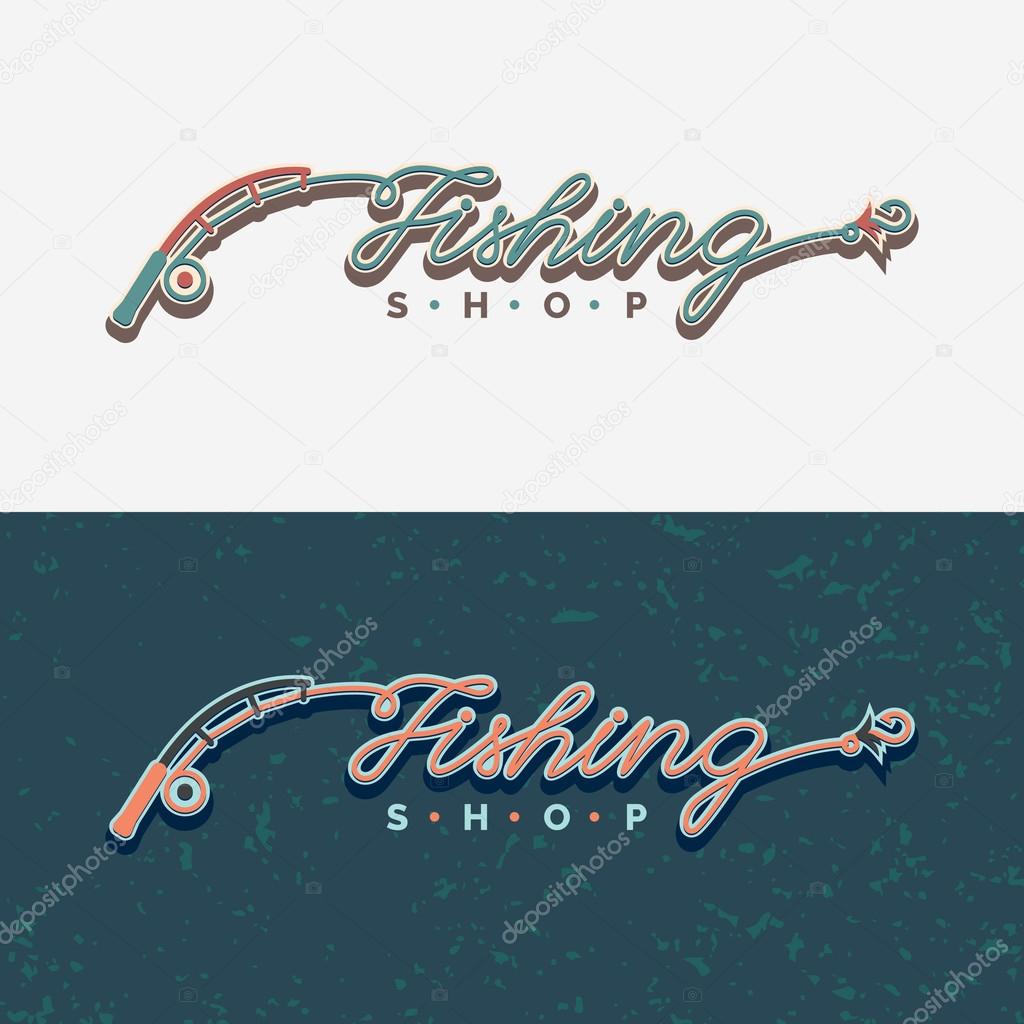The inscription Fishing, original lettering. Fishing rod, fishing reel, hooks. Icons and illustrations for design, website, infographic, poster, advertising.