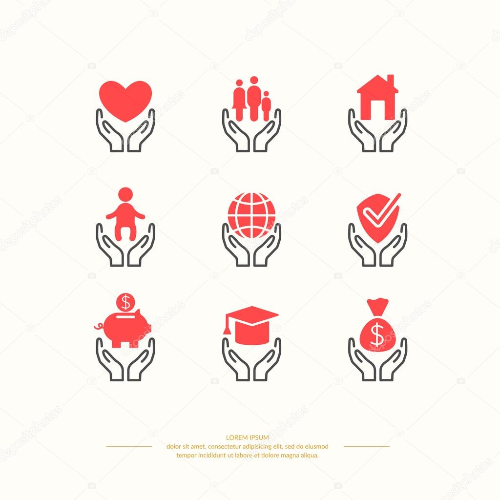 Set of linear icons support and care. Set conceptual icons life insurance and property.