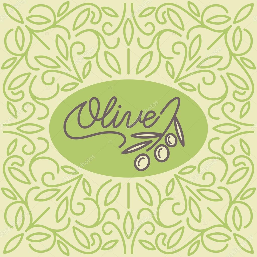 Vintage olive oil logo with floral linear ornament. Vector illustration.