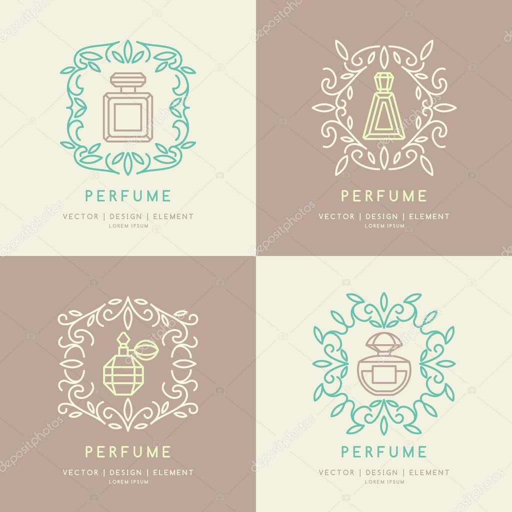 Set. A classic bottle of perfume. Vector illustration. Linear image perfume to monogram. Floral monogram