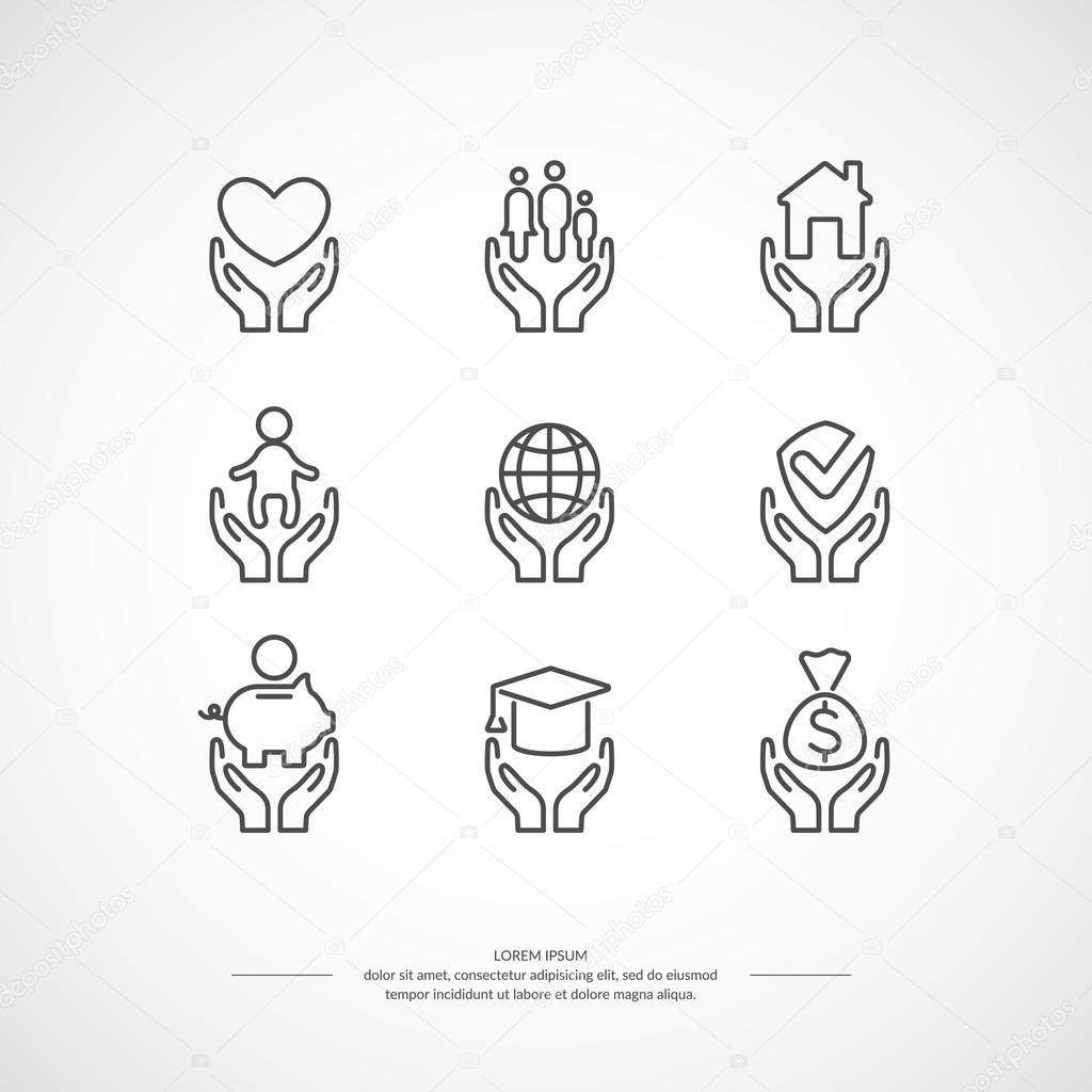 Set of linear icons support and care. Set conceptual icons life insurance and property.