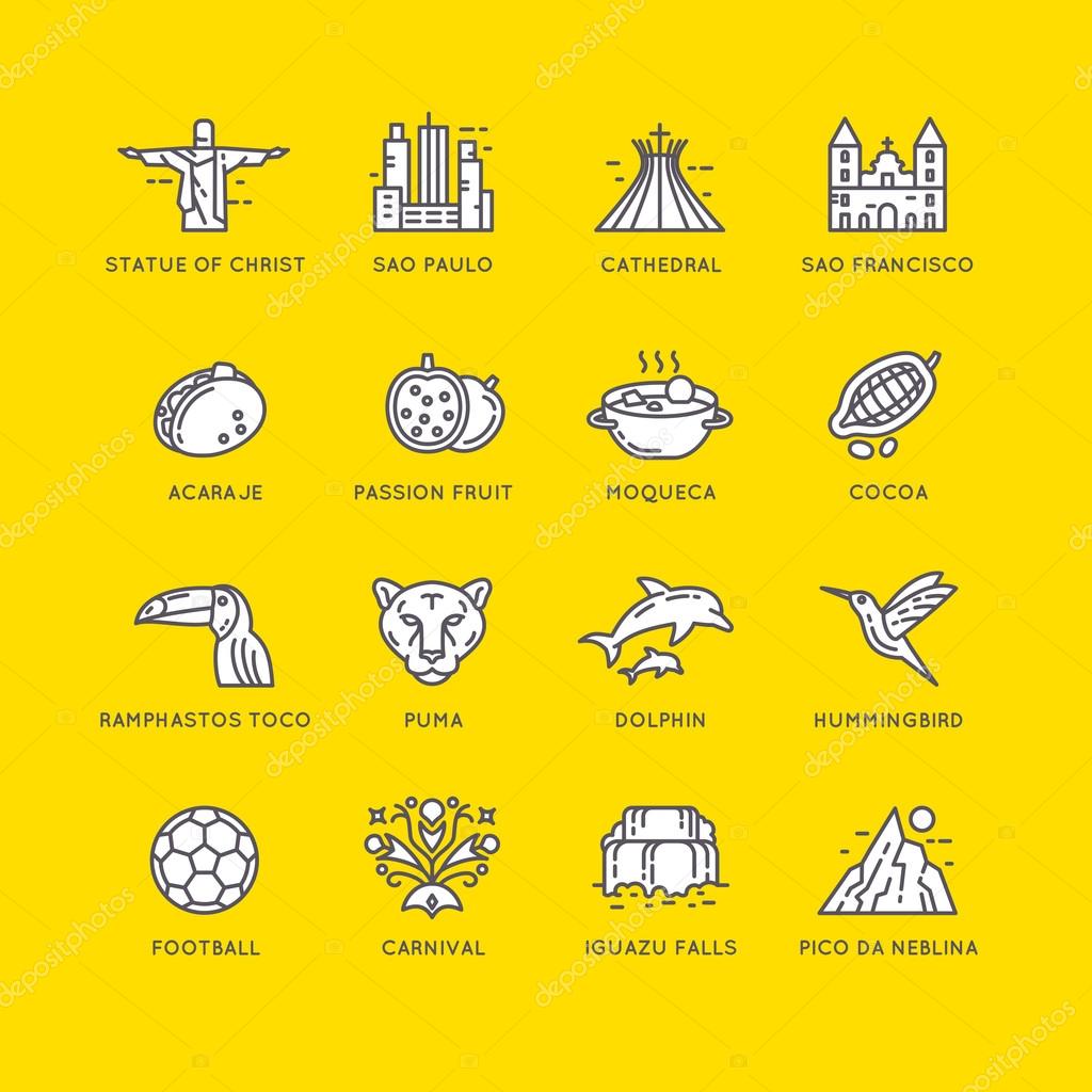 Brazilian culture linear icons set. Household items of the people and sights of the country.
