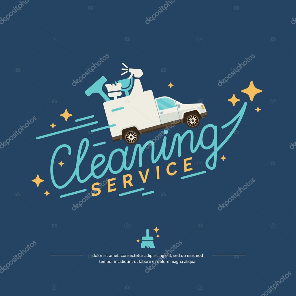 Vector illustration logo for a cleaning service. Car with tools on blue background in flat style suited for advertising, poster, web design, website