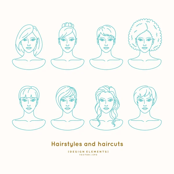 Set of female faces with different hairstyles — Stock Vector