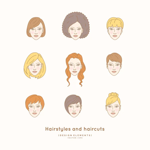 Set of female faces with different hairstyles — Stock Vector