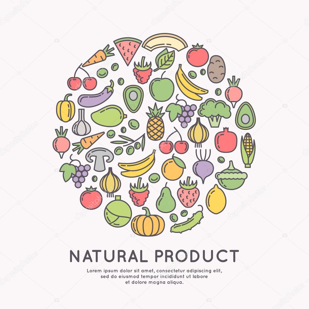 Linear icons of vegetables and fruits. Silhouette images of products and food. Vector illustration.