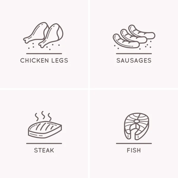 Dessin au trait saucisses, cuisses de poulet, filet de saumon . — Image vectorielle