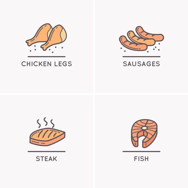 Dessin au trait saucisses, cuisses de poulet, filet de saumon . — Image vectorielle