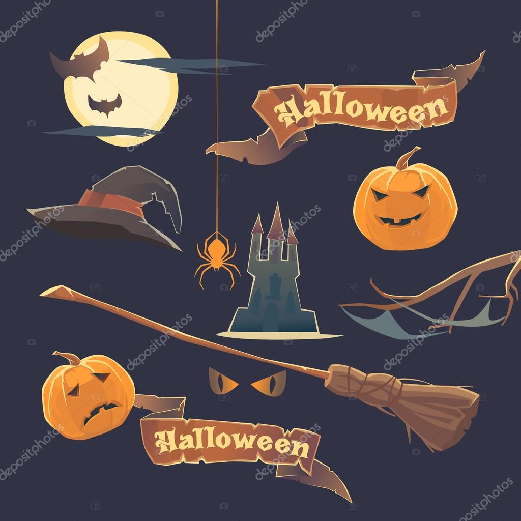 Set of stickers and elements. Happy Halloween. Pattern hat, pumpkin, spider, bat, castle, broom and moon Vector illustration