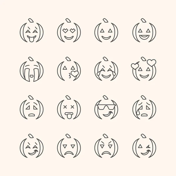 Halloween datar dan line ikon wajah emoticon ditetapkan . - Stok Vektor