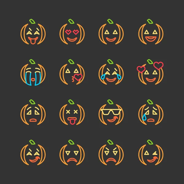 Halloween plat en lijn emoticon gezicht pictogrammen instellen. — Stockvector