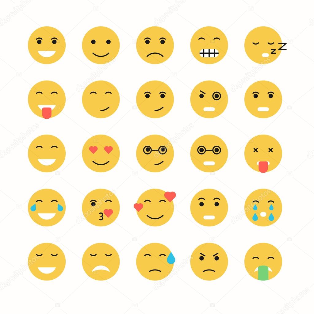 Flat and line emoticon face icons set.