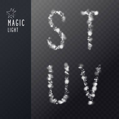 Bulutlardan Latin alfabesinin dekoratif harfleri. Şeffaf parçacıklardan oluşan büyük harf.