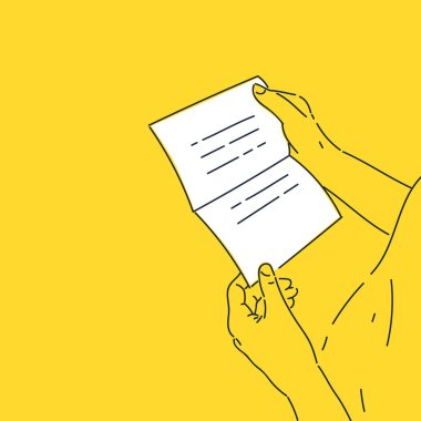 Bir insan eli bir tebrik kartı tutuyor. Kişi mektubun metnini okur. Vektör illüstrasyonu.