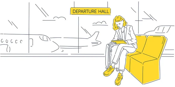 Una ragazza all'aeroporto sta aspettando il suo volo. Una donna con un tablet digitale si siede alla stazione ferroviaria. — Vettoriale Stock