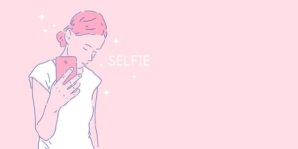 Linda chica se toma una selfie. Una joven tiene un smartphone en la mano. Una ilustración de moda moderna. — Vector de stock