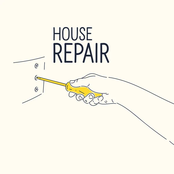 Ένας άντρας κρατάει ένα εργαλείο στο χέρι του. Αφίσα με θέμα την ανακαίνιση του σπιτιού. — Διανυσματικό Αρχείο