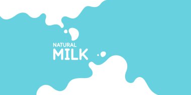 Açık mavi arkaplan üzerine su sıçramış modern poster taze sütü. Vektör illüstrasyonu.