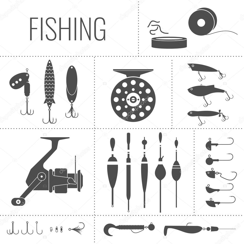 Fishing reel, hooks, float, fishing line, lure, bait Stock Vector