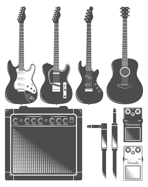 Sada guitar shop, elektrická, akustická, amp, pedál — Stockový vektor