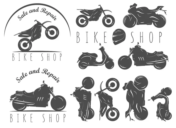 Set of motorcycle emblems, bike shop logos. Scooter, motocross bike. — Stock Vector